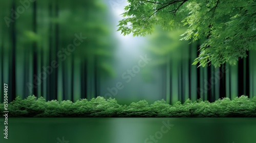 Lush green forest with vibrant foliage and soft mist creating a serene atmosphere.