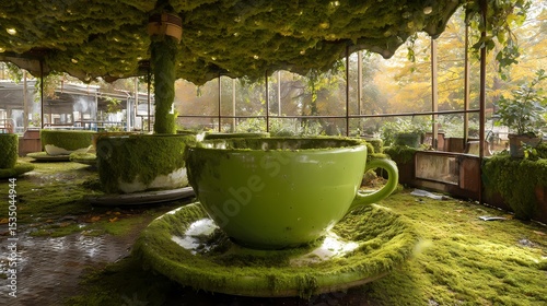 Large Green Cup Surrounded by Nature in Abandoned Space Full of Moss
