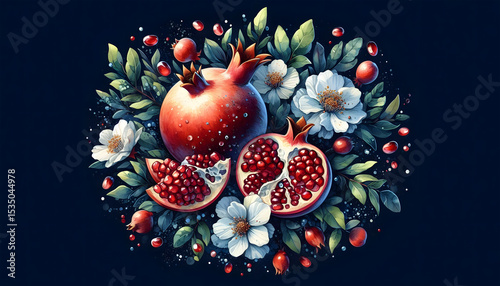 The pomegranate tree is an original watercolor painting depicting red ripe pomegranates and flowers. Beautiful pomegranate flowers on canvas. Modern Impressionism. Vivid artistic