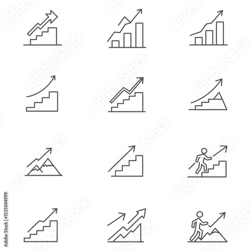 Collection of linear icons depicting growth and progress with staircases, arrows and people symbolizing business development and achievements
