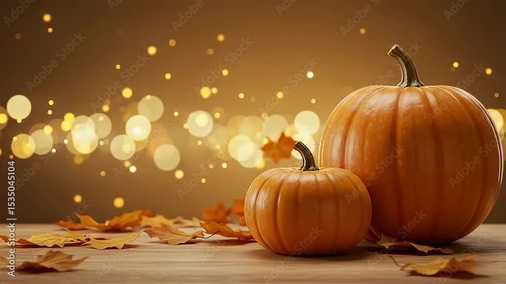 Ultra Wide Autumn Harvest Two Pumpkins and Fall Leaves on Wooden Table
