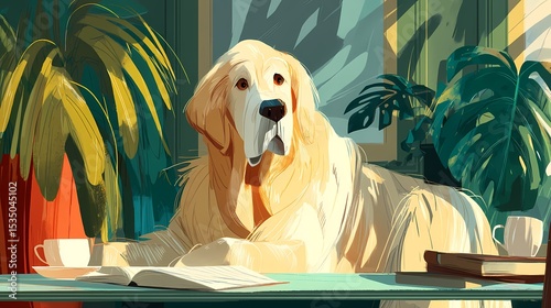 Golden Retriever Dog Relaxing in Bright Indoor Setting with Plants
