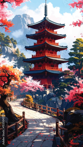 Digital painting of spring pagoda and stone bridge. Serene cherry blossom scene with pagoda and trees. Springtime in Japan with pagoda and pink sakura. Oriental architecture with cherry blossom