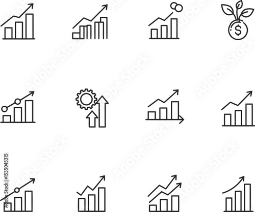Collection of minimalist business and financial growth bar chart icons depicting rising sales and investment gains
