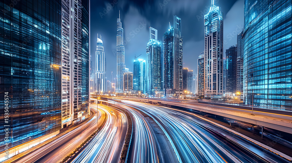 Fototapeta premium Dynamic Cityscape with Light Trails and Skyscrapers at Night