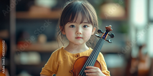 A charming photo of a young girl holding a violin, showcasing her musical talent and adorable features.