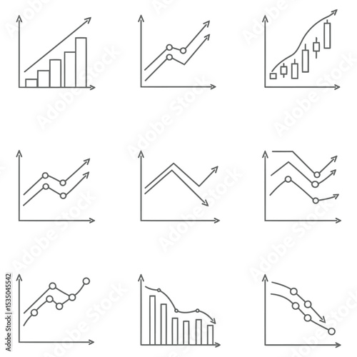 Collection of minimalist financial and business growth charts and diagrams representing market trends and data analysis perfect as an icon