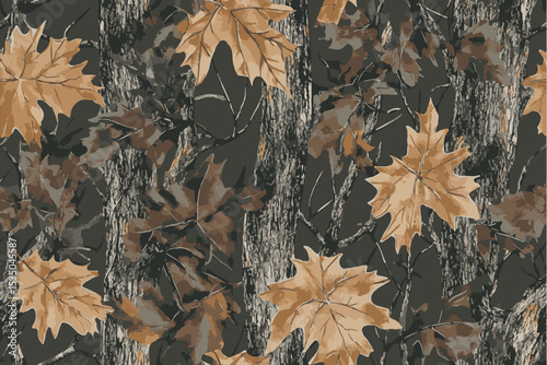 A camouflage pattern with leaves and tree trunks for hunting, featuring brown, green, black, and tan colors. Vector Illustration, Fit for military and outdoor activities.