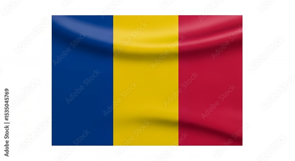 Fototapeta premium Wavy Romanian flag with vibrant blue yellow and red vertical stripes