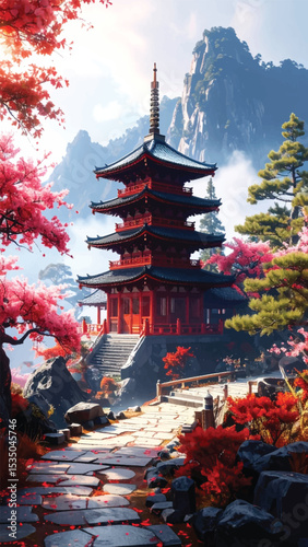 Path leading to red pagoda in blooming forest. Cherry trees in bloom around Japanese structure. Spring sakura petals around oriental tower. Artistic fantasy of cherry blossom season