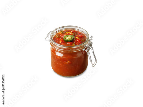 Ranchero Sauce A chunky ranchero sauce in a clear glass jar, filled with tomatoes, onions, and peppers. A glass dish