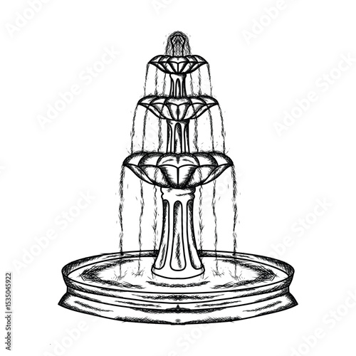 water fountain illustration hand draw style in vintage engraved sketch outline style