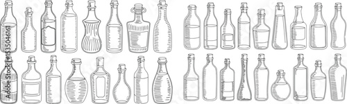  a large collection of different types of bottles, including wine bottles, liquor bottles, and others, all rendered in a detailed black and white sketch style. 