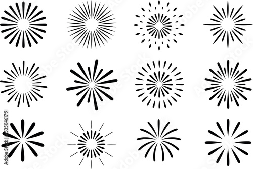 A collection of twelve black sunburst and starburst shapes are presented, each with varying numbers and styles of rays. 