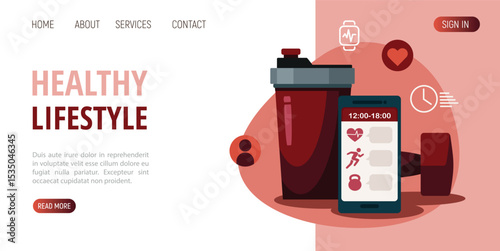 Shaker, dumbbells and mobile phone on red background. Sports equipment with fitness web banner template.