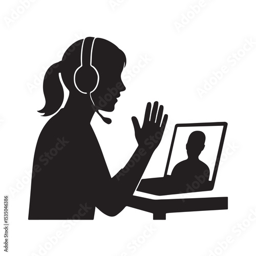 Woman on Video Call Wearing Headset and Waving at Screen