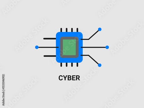 A stylized blue microchip with a green square core and black connecting pins extending outwards