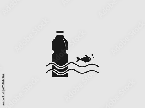 A black silhouette icon showing a plastic bottle and a fish swimming in waves