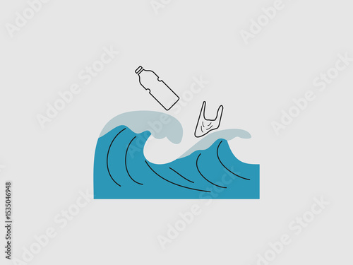 An illustration depicting a plastic bottle and a plastic bag floating on a large blue wave