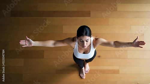  woman in a yoga pose, standing on a wooden floor, arms outstretched, and legs apart. She is wearing a white tank top and black pants. The image is taken from above, looking down at her. The lighting 