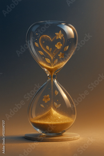 Romantic Hourglass with Golden Sand and Floral Heart – Symbolic Love Concept on Warm Gradient Background