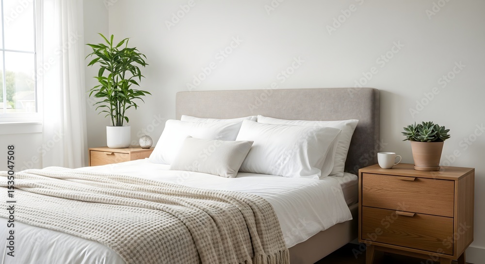 Naklejka premium A clean and inviting bedroom features a large bed adorned with soft blankets and pillows