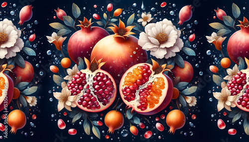 The pomegranate tree is an original watercolor painting depicting red ripe pomegranates and flowers. Beautiful pomegranate flowers on canvas. Modern Impressionism. Vivid artistic