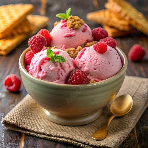 Delicious raspberry ice cream with crumble topping.