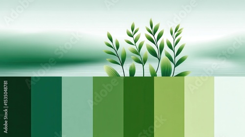 Modern abstract design featuring green leaves against a soft gradient background.