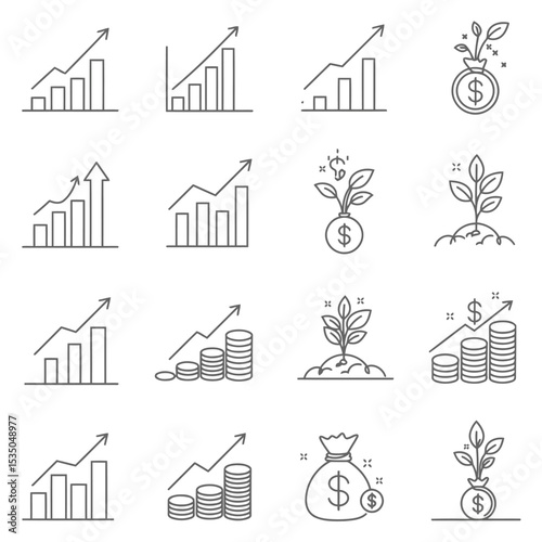 Financial growth and investment icons representing business success and profitability with minimalist design