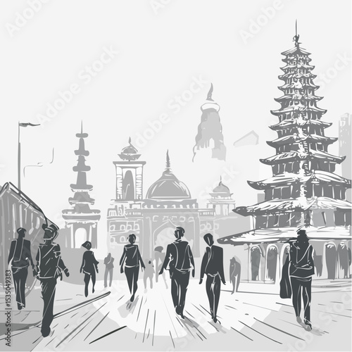 Artistic illustration of a bustling city street with people and traditional architecture