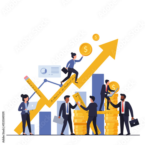 Business Success Concept – Diverse Team Boosting Growth Arrow on Financial Chart , Vector Illustration