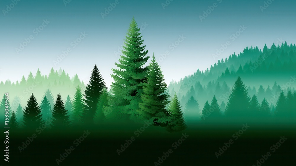 Fototapeta premium Serene green forest landscape with layered trees and soft mist.