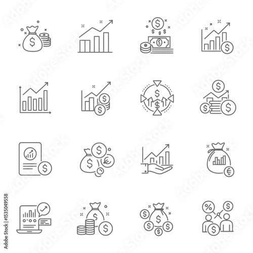 Financial icons set representing growth investment and monetary concepts in clean line art style