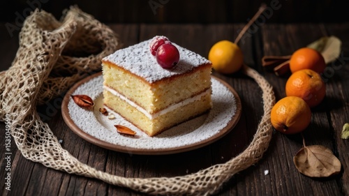 Wallpaper Mural A slice of cake, dusted with powdered sugar, sits on a plate.  Autumnal accents surround it Torontodigital.ca