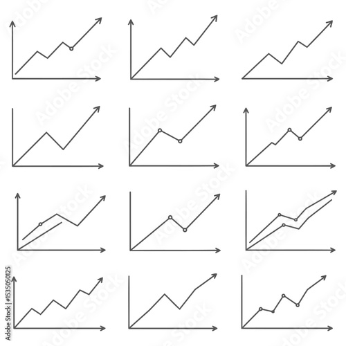 Minimalist business trend charts showing financial growth and positive performance visual representation data infographic design concepts simple outline style icon set