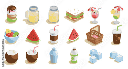 Isometric Icon Set of Summer Refreshments in 3D Perspective