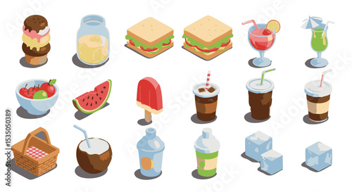 Isometric Icon Set of Summer Refreshments in 3D Perspective
