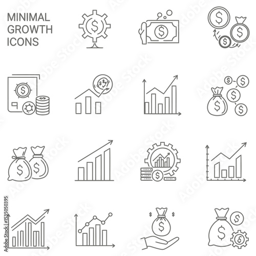 Set of minimal growth and financial investment icons depicting business concepts and profitability in simple line art style