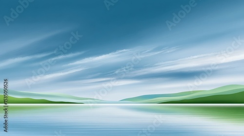 Serene landscape with tranquil water and soft green hills under a blue sky.