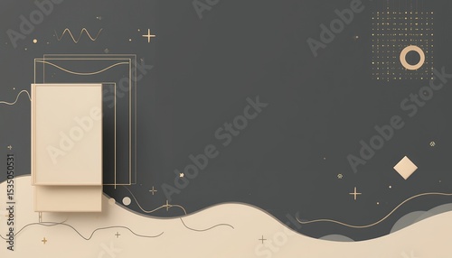 Abstract minimalist design with geometric shapes and neutral tones on dark background