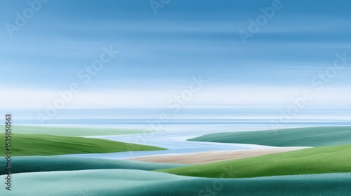 Serene landscape with gentle hills and a calm river under a blue sky.