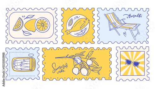 Scenes of amalfi summer vibe. Sticker with lemons and beach vacation symbols. Vintage Italian print, wall art print vector travel postcard stamp, placard or poster. Retro frame border element design.
