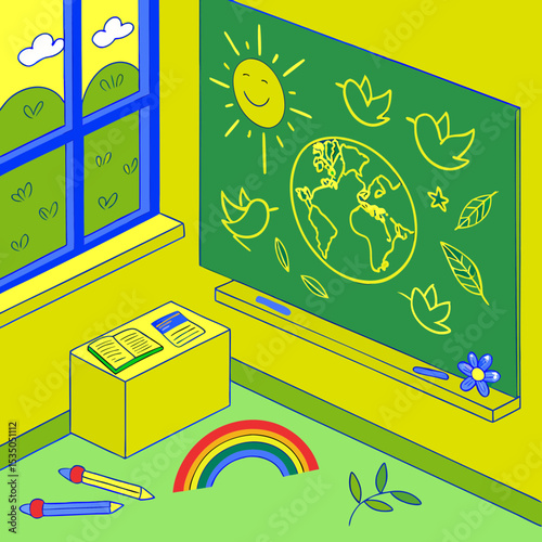 High-resolution photo of a green chalkboard covered with children's drawings of Earth, doves, and rainbows, natural classroom lighting
