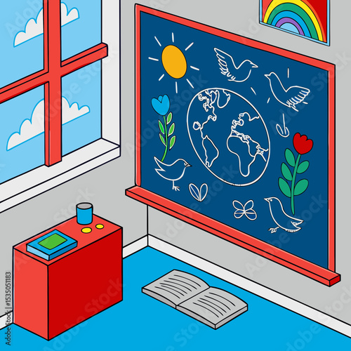 High-resolution photo of a green chalkboard covered with children's drawings of Earth, doves, and rainbows, natural classroom lighting
