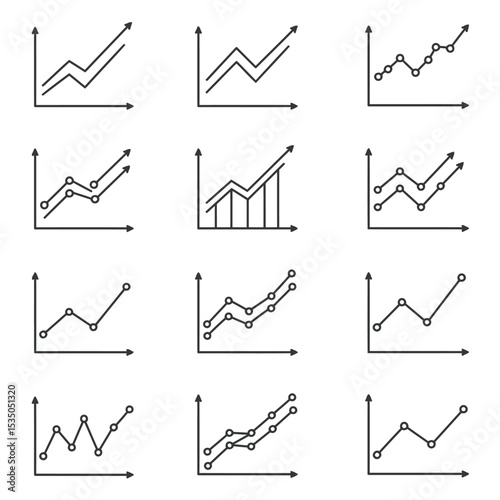Set of twelve business and financial growth trendline charts icons illustrating increasing success and upward movement suitable for presentations and reports