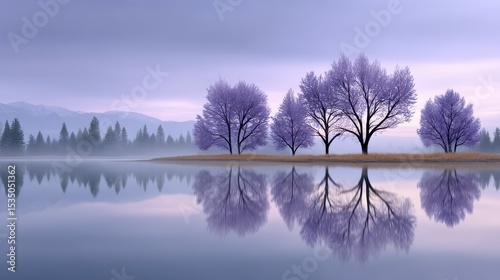 Stunning landscape with purple trees reflecting in calm water at dawn.