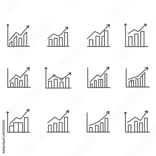 Set of twelve upward trending financial charts business graphs and charts in clean outline style icon design