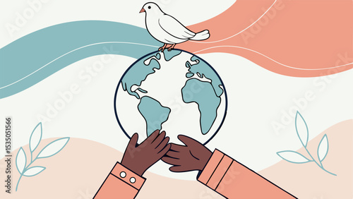 Illustration of a dove perched on top of a globe being held by two hands with an abstract background