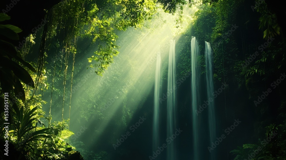 Fototapeta premium A hidden empty waterfall deep within a rainforest, with mist rising and rays of light breaking through the dense canopy
